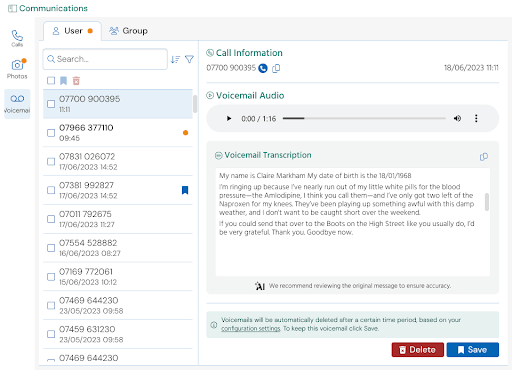 Voicemail Transcription in Surgery Connect
